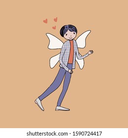 Young woman in flying with butterfly wings. Concept for Valentine’s Day holiday celebrations, vector illustration with girl in casual fashion clothes and hearts near her. Cute character, cartoon style