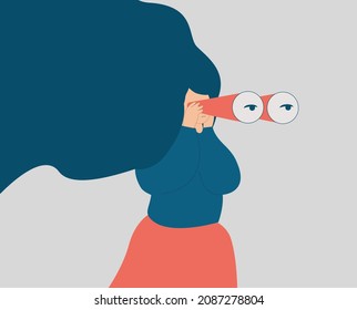 A young woman with flying hair looks through her big binoculars, looking for something far or watching someone. A girl is spying or people closely. espionage, exploration concept. Vector illustration.