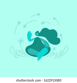 Young woman with flying hair and surrounded by flowers and plants in yoga lotus practices meditation. Vector green illustration flat design. Use in Web Project and Applications