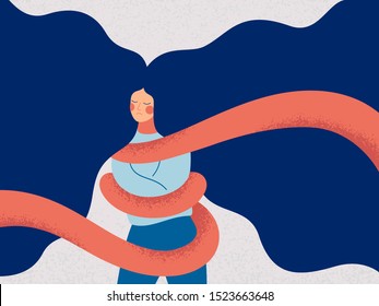 A young woman with flying hair is tied with a rope. Concepts of restrictions on the ability of women in society. Human character illustration