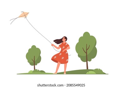 Young woman flying a kite in a green park. Holiday Relax. Outdoor activity. Concept of freedom. Flat vector illustration.