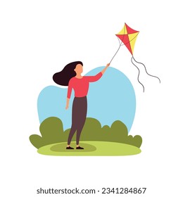 Young woman flying a kite isolated on white background. Vector stock