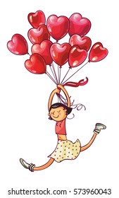 Young woman is flying on heart air balloons. Valentines day greeting card.