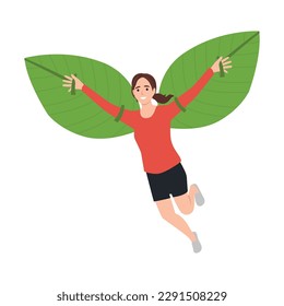 Young woman flying on leaves wings, representing ecotourism and eco-travel. Flat vector illustration isolated on white background