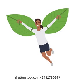 Young woman flying on leaves wings, representing ecotourism and eco-travel. Flat vector illustration isolated on white background