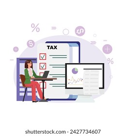 Young woman in focused determination calculates taxes on her laptop. Graphs, bills, and a mobile app checklist provide on the background. Financial management
