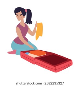 Young woman folding clothes while packing a suitcase isolated vector illustration
