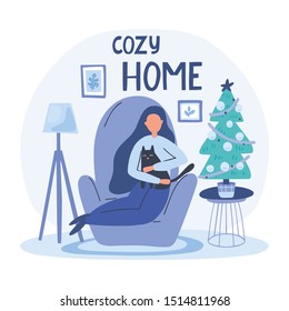  Young woman Fondles Cat. Happy Pet Lover Sitting in Armchair. Christmas cozy living room interior with Christmas tree. Greeting card. Cozy home Hand drawn  illustration.