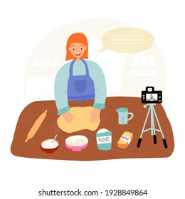 Young woman food blogger records video on digital cam while baking, make dough and beat it. Ingredients like butter, flour, sugar and eggs lie nearby. Vector cartoon isolated illustration.