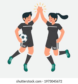 Young woman football player, doing high five, illustration concept.