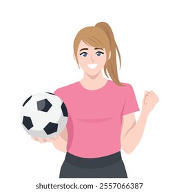 Young woman football or soccer player standing and holding ball in hand. Flat vector Character Illustration