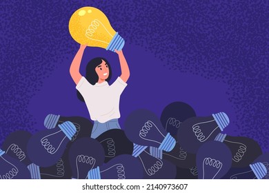 Young Woman Found Bright Light Bulb Among Dark Light Bulbs. Concept Of In Innovative Idea, Creative Thought, Solution, Imagination And Inspiration. Flat Vector Illustration.