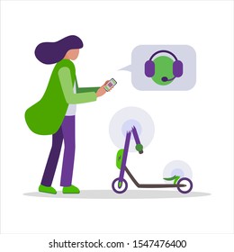 Young woman found a broken rented kick electric scooter. The girl writes to the app and calls technical support by phone to repair and pay insurance. Vector illustration on a white background.