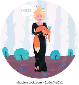 Young Woman With Fox On Photosession In Forest