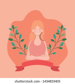 young woman with frame ribbon and leafs
