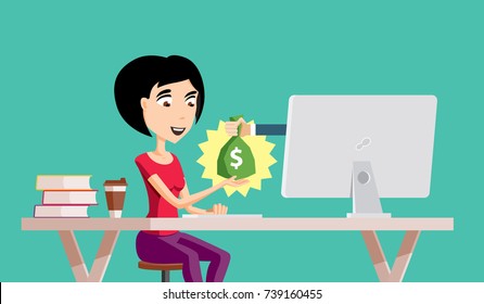 Young Woman Freelance Employee Is Getting Paid Online. Internet Casino Gambling Game Winner Gets Bag Of Money With Dollar Sign Vector Art Design Illustration
