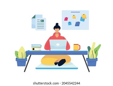 Young woman freelance or remote working at home. Coworking space or remotely self employed concept. flat vector illustration