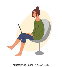 A young woman freelancer or blogger work from home on a laptop or communicates in social networks and sitting in a comfortable chair, isolated vector. Modern flat stock illustration.