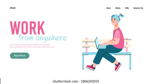 Young woman freelancer with a laptop is sitting on a bench outdoors. Girl works remotely, communicates,blog or studies online. Vector cartoon illustration. Design for the web site.