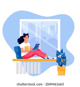 Mujer joven independiente sentada en la ventana usando laptop. Dibujo de personajes de empresaria de dibujos animados planos vectores. Trabajo en casa, trabajo a distancia, concepto de trabajo en línea independiente