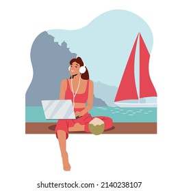 Young Woman Freelancer Wear Headphones Work on Laptop at Sea Beach Sitting on Bench. Female Character Outdoors Working Activity with Pc on Summer Ocean Resort. Cartoon People Vector Illustration