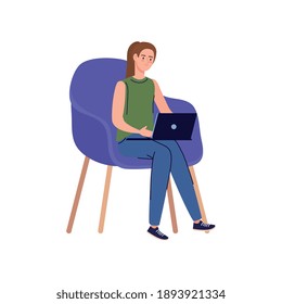 young woman freelancer worker seated in sofa using laptop character vector illustration design