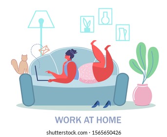Young woman freelancer working on laptop computer while lying on sofa, vector flat illustration. Home office concept for web banner, website page etc.
