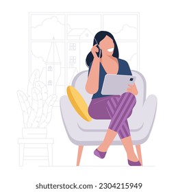 Young woman freelancer is working outsourced. Flat design vector illustration of the best place for remote work.