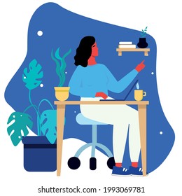 Young woman freelancer works remotely from her apartment.  Business woman at the desk is working on the laptop computer. Vector illustration in flat style