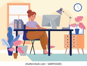 Young woman freelancers working on laptops at home.Modern workplace interior with computer on table.Vector flat style illustration with girl what study at home.Quarantine covid-19