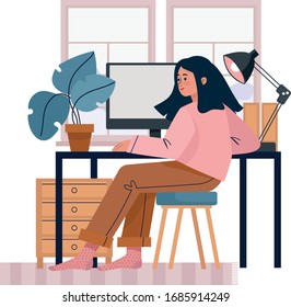 Young woman freelancers working on laptops at home.Modern workplace interior with computer on table.Vector flat style illustration with girl what study at home.Quarantine covid-19