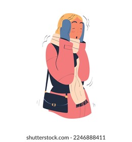 Young woman freezing and shivering wearing warm clothes, scarf and mittens cartoon vector illustration