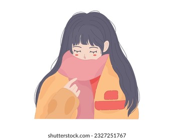 Young woman freezing and shivering wearing winter clothes. Girl warming hands during winter or autumn season cartoon vector illustration. Girls wearing new warm clothes.