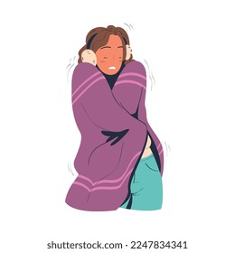 Young woman freezing and shivering wrapped in blanket. Girl trying to warm during winter or autumn season cartoon vector illustration