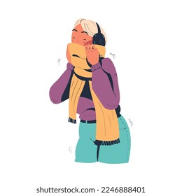 Young woman freezing wearing warm clothes, scarf and earmuffs. Girl trying to warm during winter or autumn season cartoon vector illustration