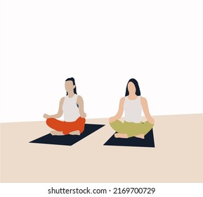 Young woman friend meditating on yoga mat. Bodybuilding and healthy lifestyle concept for happy LGBT lesbian couple.