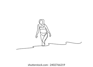 young woman friend sea pool getting into the water holiday line art design