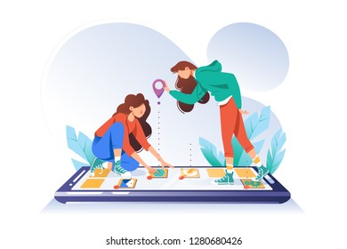 Young woman friends with cellphone looking for app map place with point. Concept girl with mobile device, phone with internet, online program. Vector illustration.