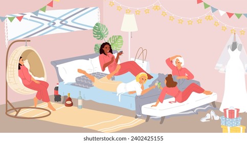 Young woman friends having fun, gossiping, drinking alcoholic beverages at home pajama party before marriage vector illustration. Room interior decorated with flag garland and bridal dress in corner