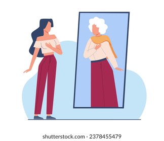 Young woman was frightened by older, gray haired woman in mirror. Aging process, girl imagination. Advice from future. Looking on aging reflection. Cartoon flat isolated vector concept