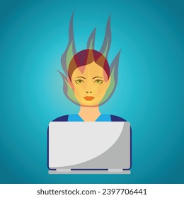 Young woman in front of a laptop with head on fire, burnout concept