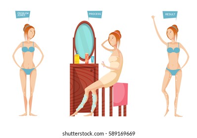 Young woman in front of mirror before and after epilation or depilation isolated on white background flat vector illustration
