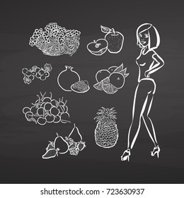 Young woman and fruits on chalkboard. Hand drawn healthy food sketch. Black and White Vector Drawing on Blackboard. 