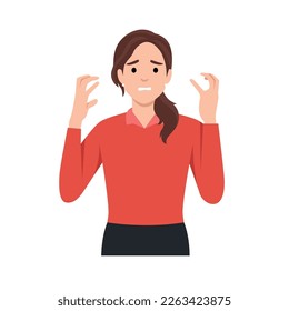 Young woman Frustrated gesture with hands. Flat vector illustration isolated on white background