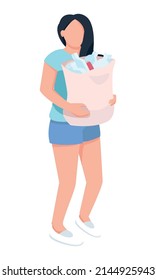 Young woman with full bag of bottles semi flat color vector character. Standing figure. Full body person on white. Simple cartoon style illustration for web graphic design and animation