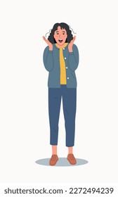 Young woman in full height experiences fear, fright, stress.Vector flat style cartoon  illustration.