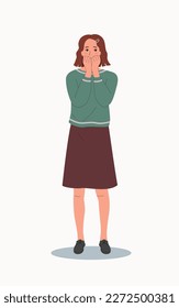 Young woman in full height experiences fear, fright, stress.Vector flat style cartoon  illustration.