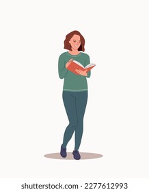 Young woman in full height reading book isolated. Vector flat illustration