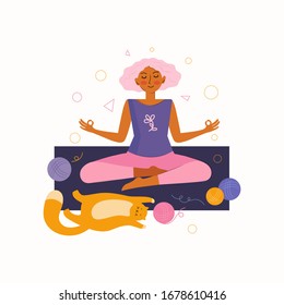Young woman and a funny red cat spend time together at home doing yoga. Spending time at home. Time at home with your favorite pet. Woman sits in the Lotus position and meditates. Vector illustration