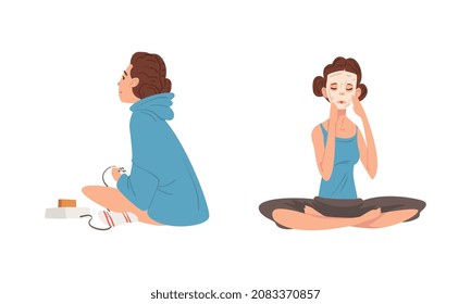 Young Woman with Gamepad Playing Video Game and Applying Cosmetic Face Mask Vector Set